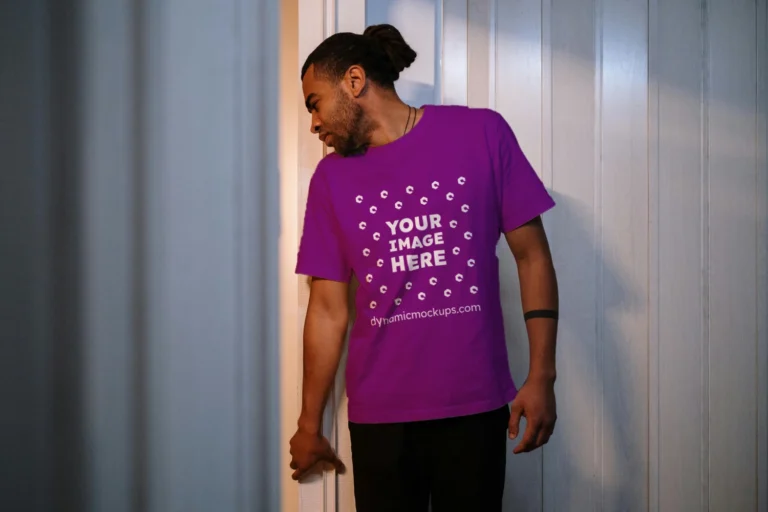 Man Wearing Purple T-shirt Mockup Front View Template