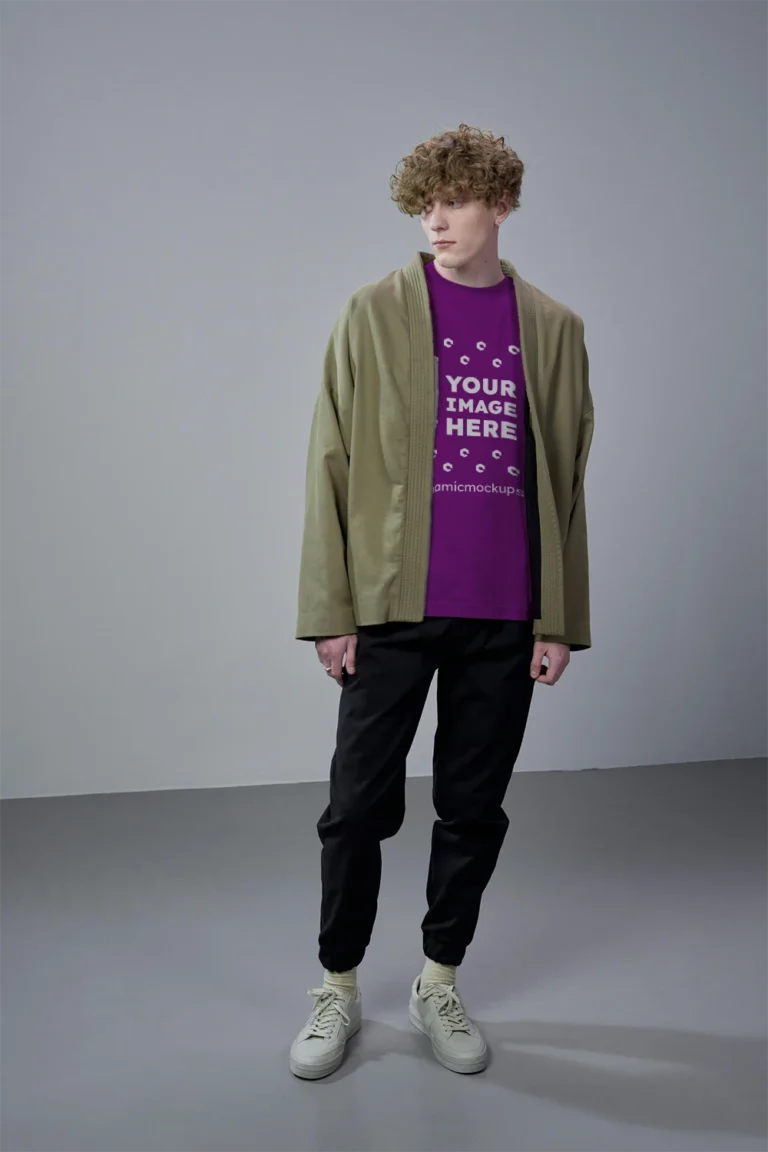 Man Wearing Purple T-shirt Mockup Front View Template