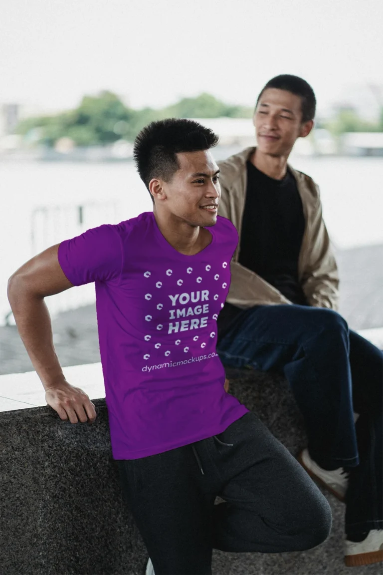 Man Wearing Purple T-shirt Mockup Front View Template