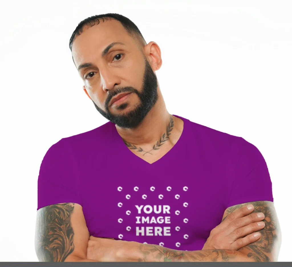 Man Wearing Purple T-shirt Mockup Front View Template