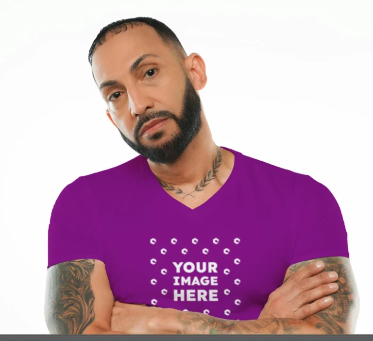Man Wearing Purple T-shirt Mockup Front View Template