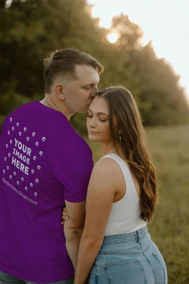 Man Wearing Purple T-shirt Mockup Back View Template