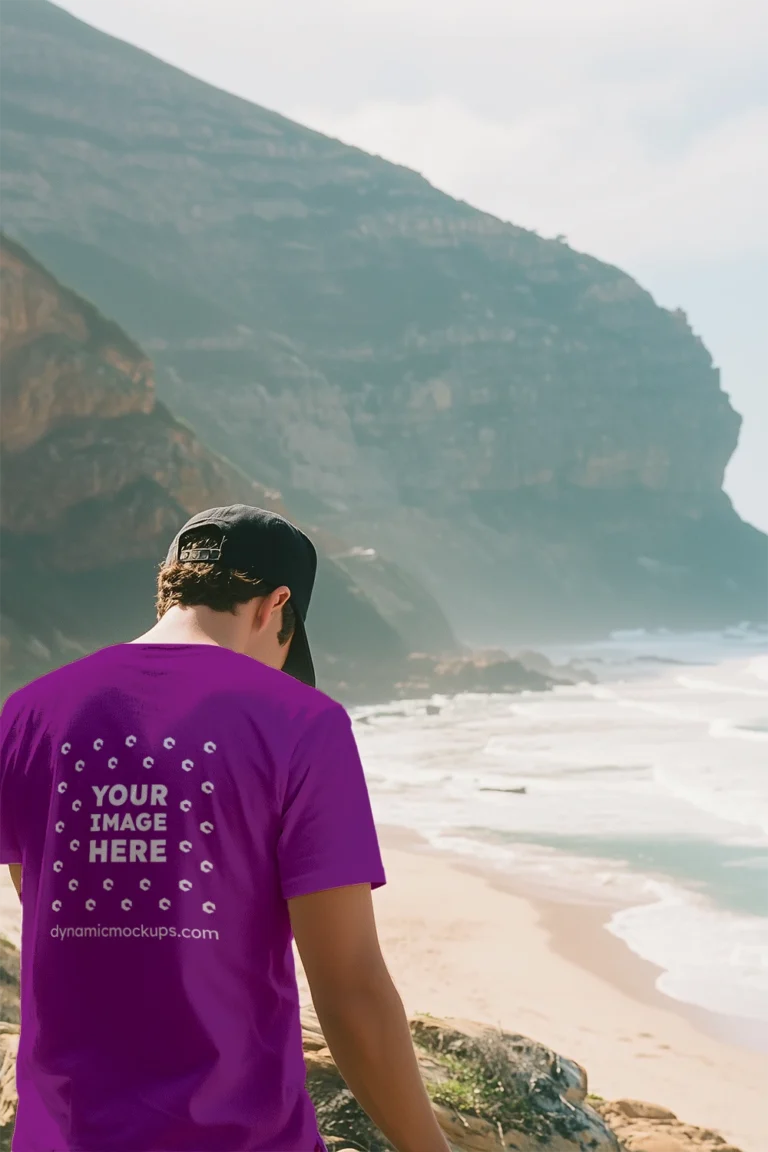Man Wearing Purple T-shirt Mockup Back View Template
