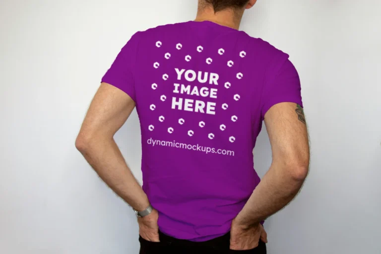 Man Wearing Purple T-shirt Mockup Back View Template