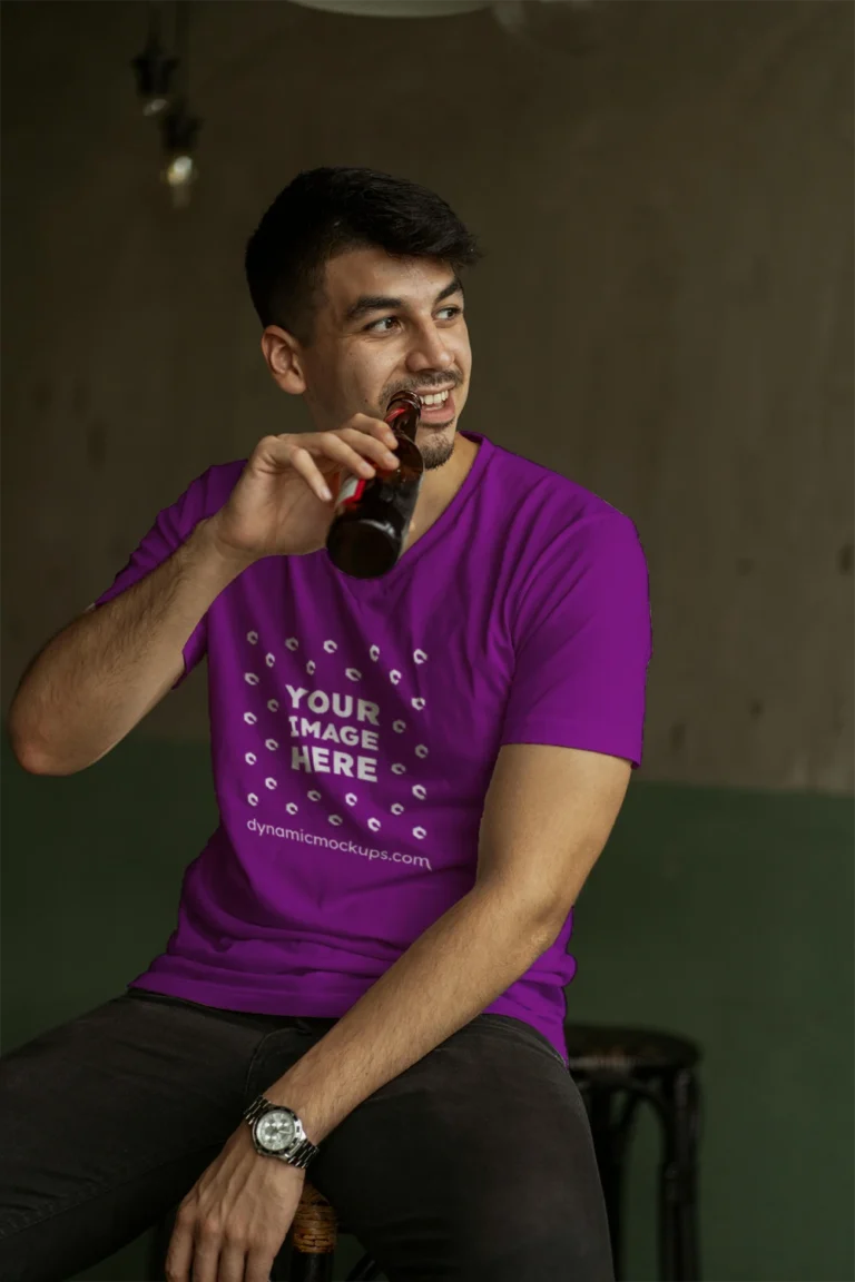 Man Wearing Purple T-shirt Mockup Front View Template