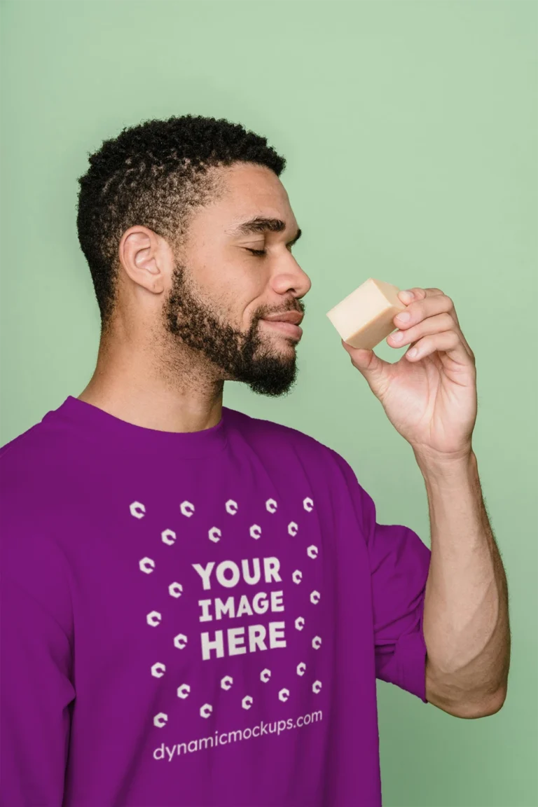 Man Wearing Purple T-shirt Mockup Front View Template