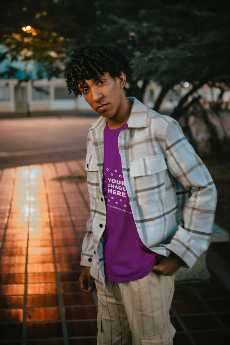 Man Wearing Purple T-shirt Mockup Front View Template