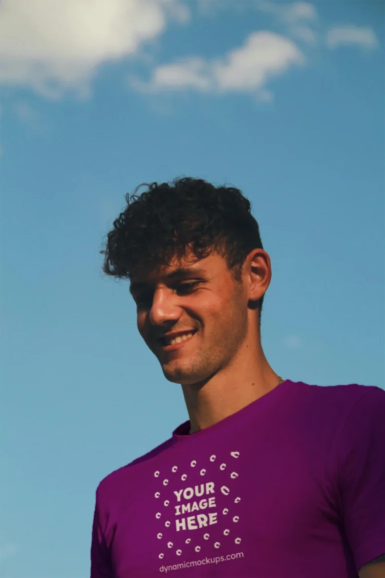 Man Wearing Purple T-shirt Mockup Front View Template