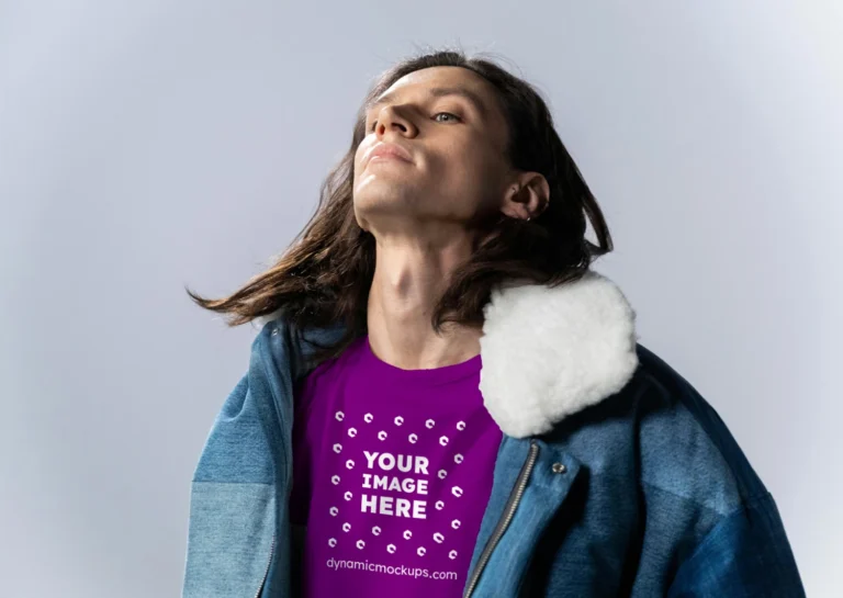 Man Wearing Purple T-shirt Mockup Front View Template