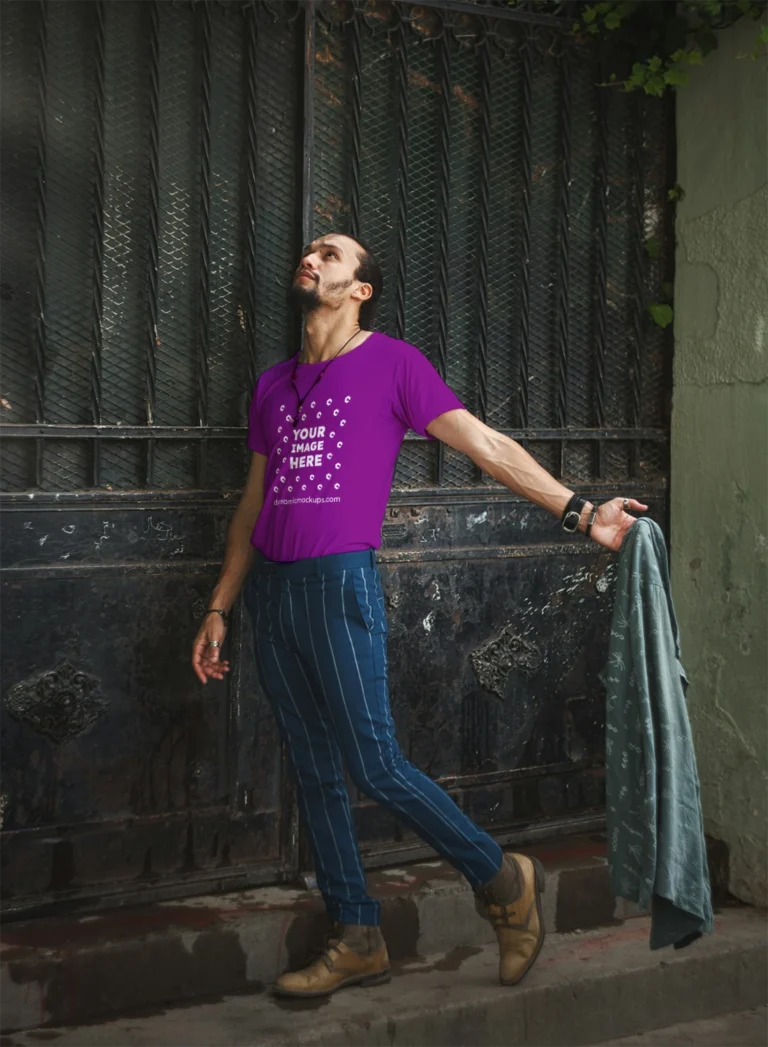 Man Wearing Purple T-shirt Mockup Front View Template