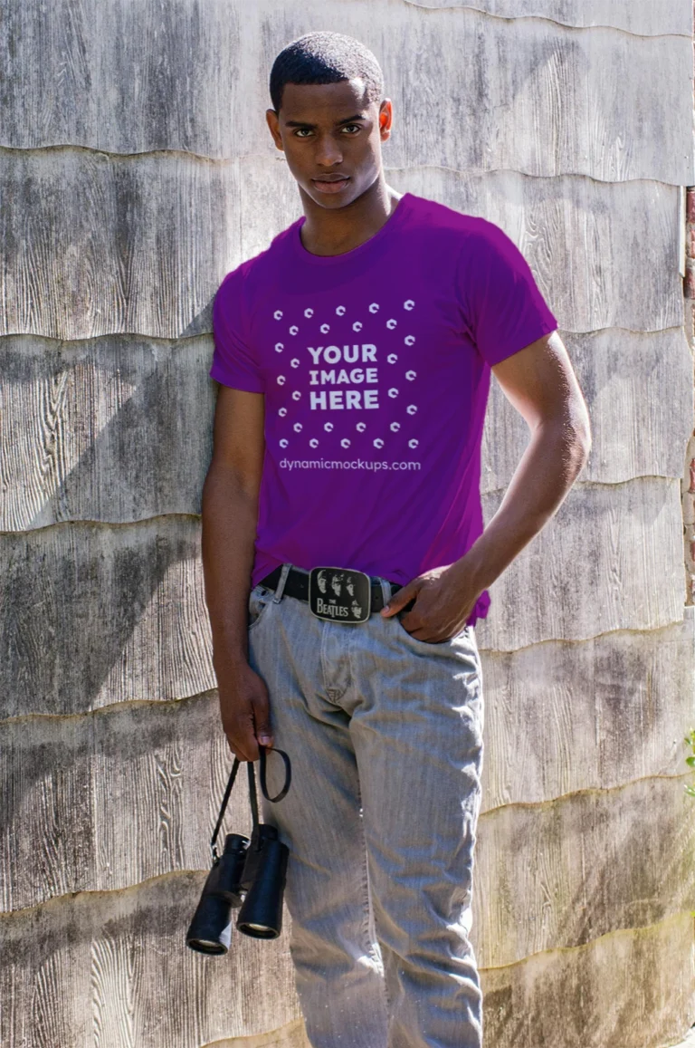 Man Wearing Purple T-shirt Mockup Front View Template