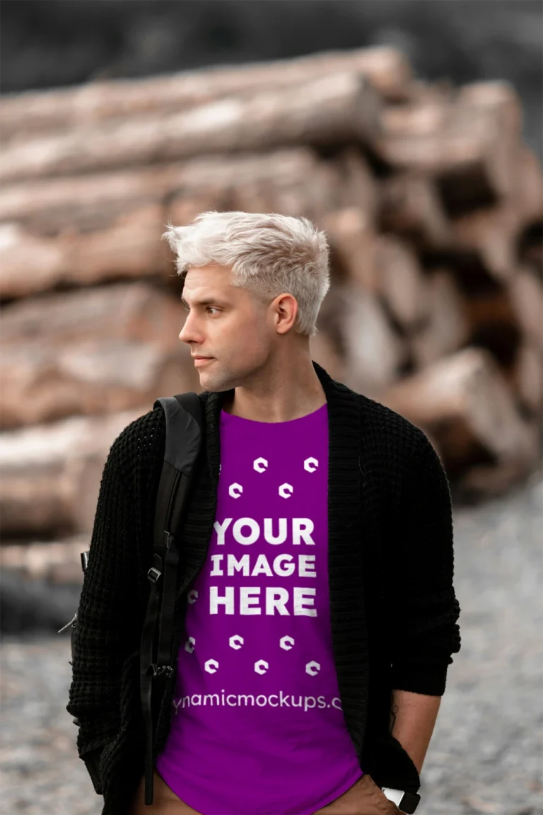 Man Wearing Purple T-shirt Mockup Front View Template