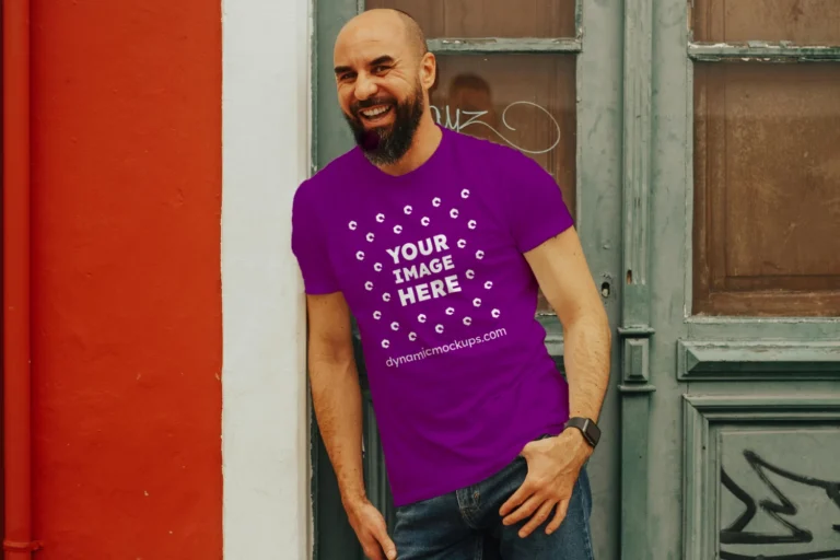 Man Wearing Purple T-shirt Mockup Front View Template