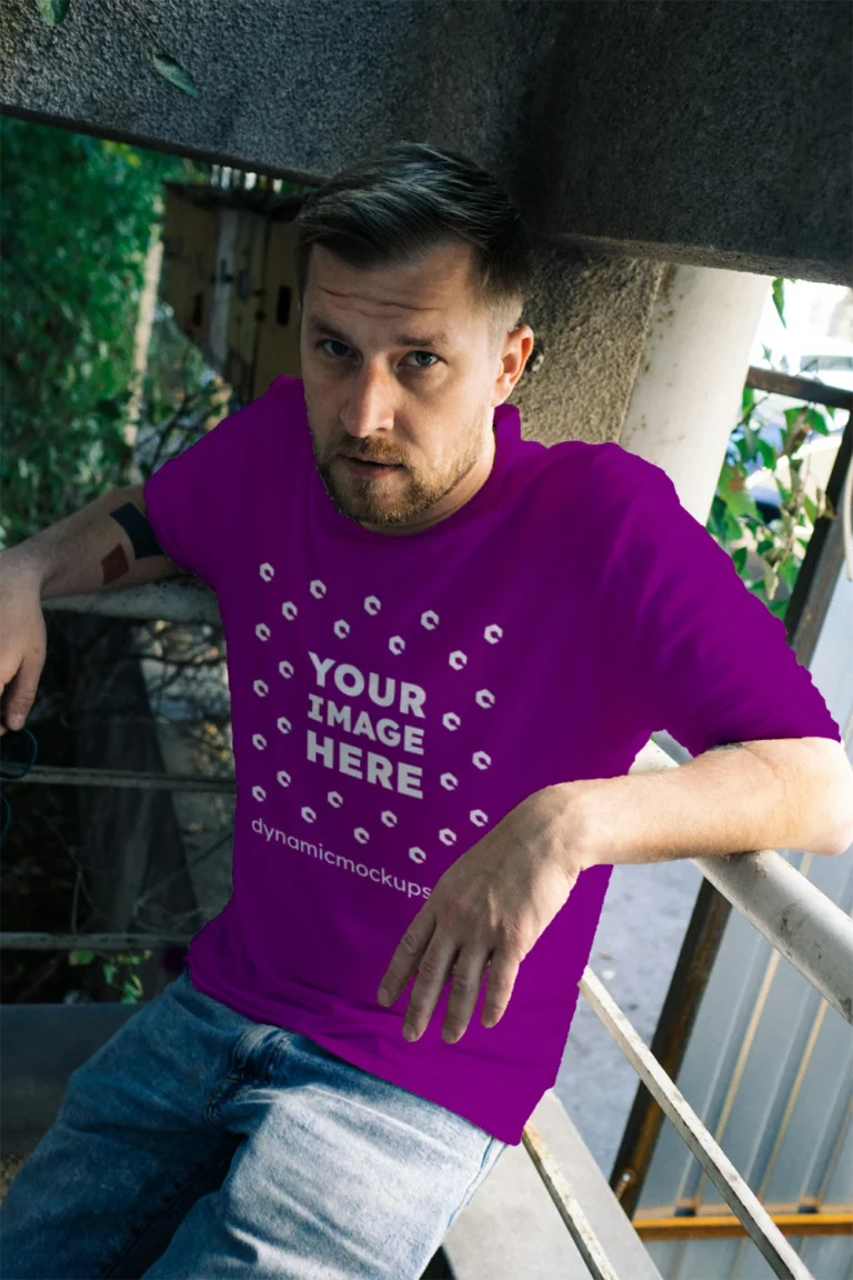 Man Wearing Purple T-shirt Mockup Front View Template