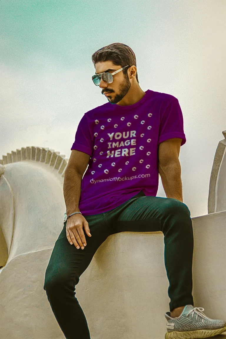 Man Wearing Purple T-shirt Mockup Front View Template