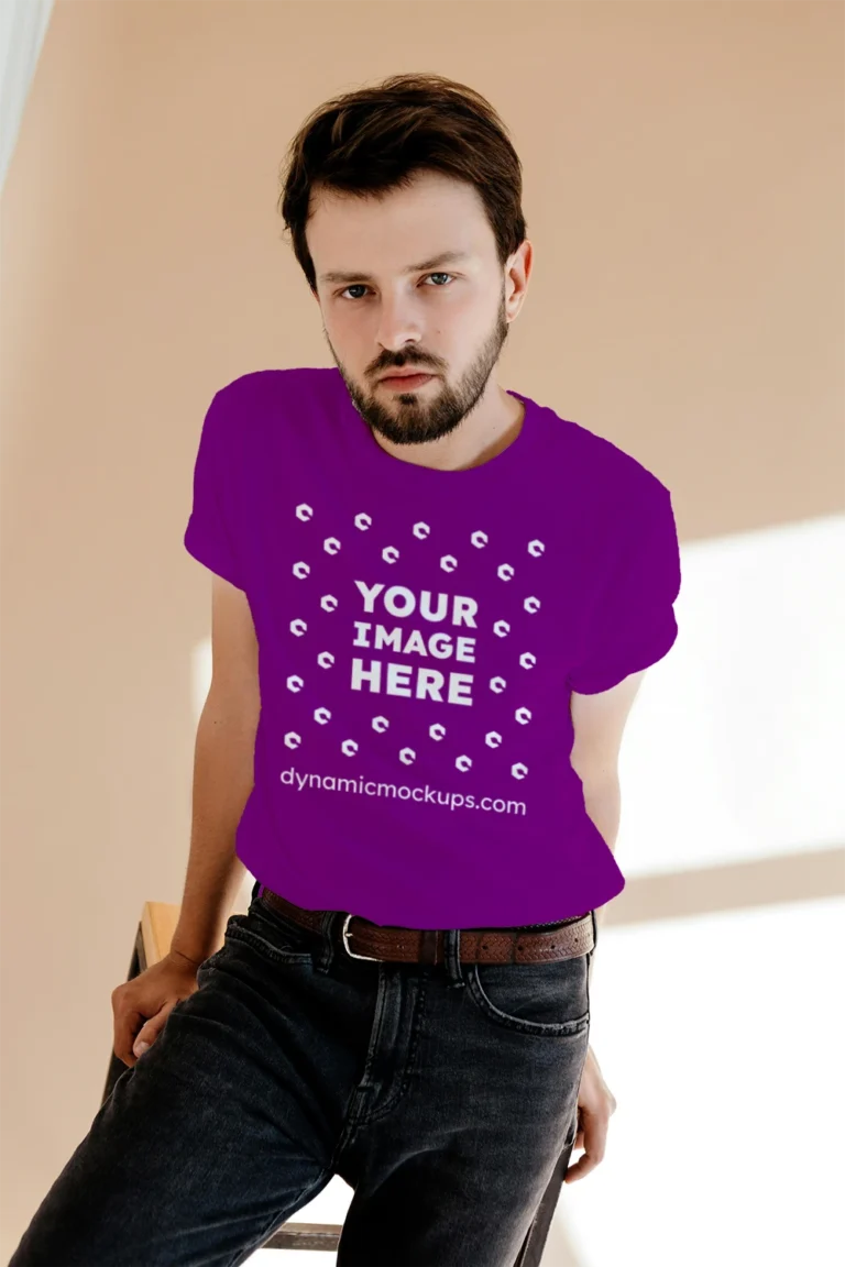 Man Wearing Purple T-shirt Mockup Front View Template