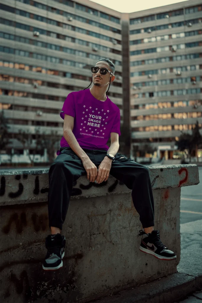 Man Wearing Purple T-shirt Mockup Front View Template