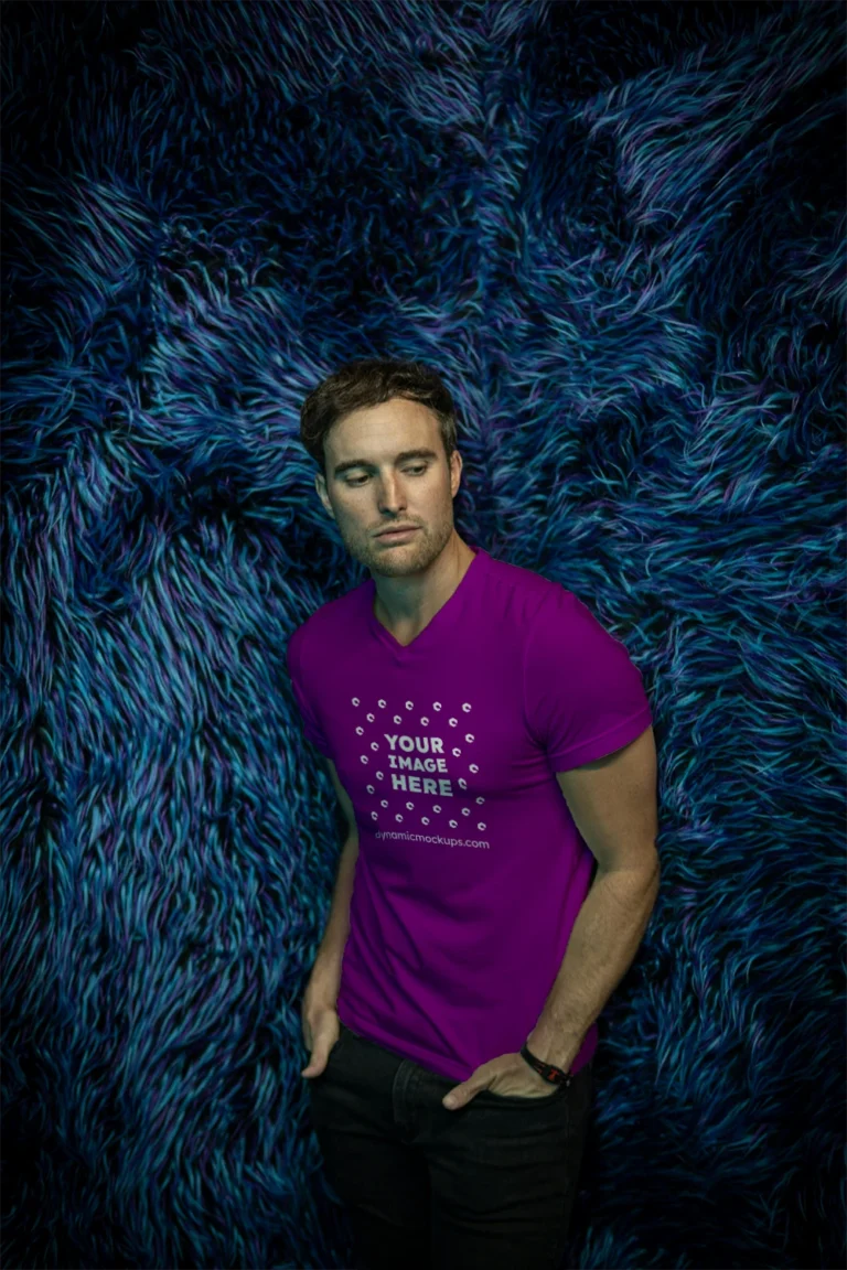 Man Wearing Purple T-shirt Mockup Front View Template
