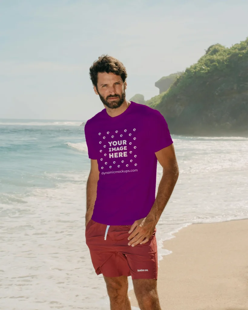 Man Wearing Purple T-shirt Mockup Front View Template