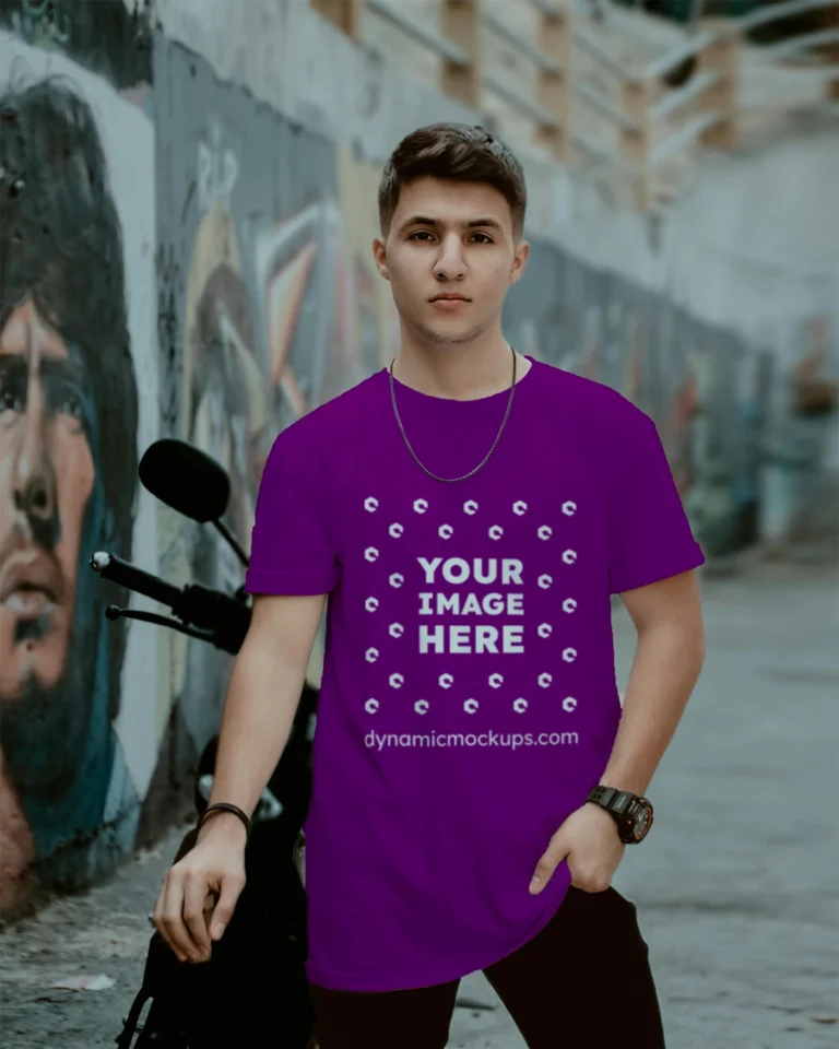 Man Wearing Purple T-shirt Mockup Front View Template