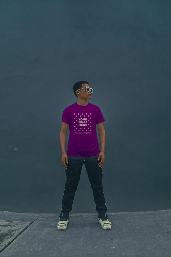 Man Wearing Purple T-shirt Mockup Front View Template