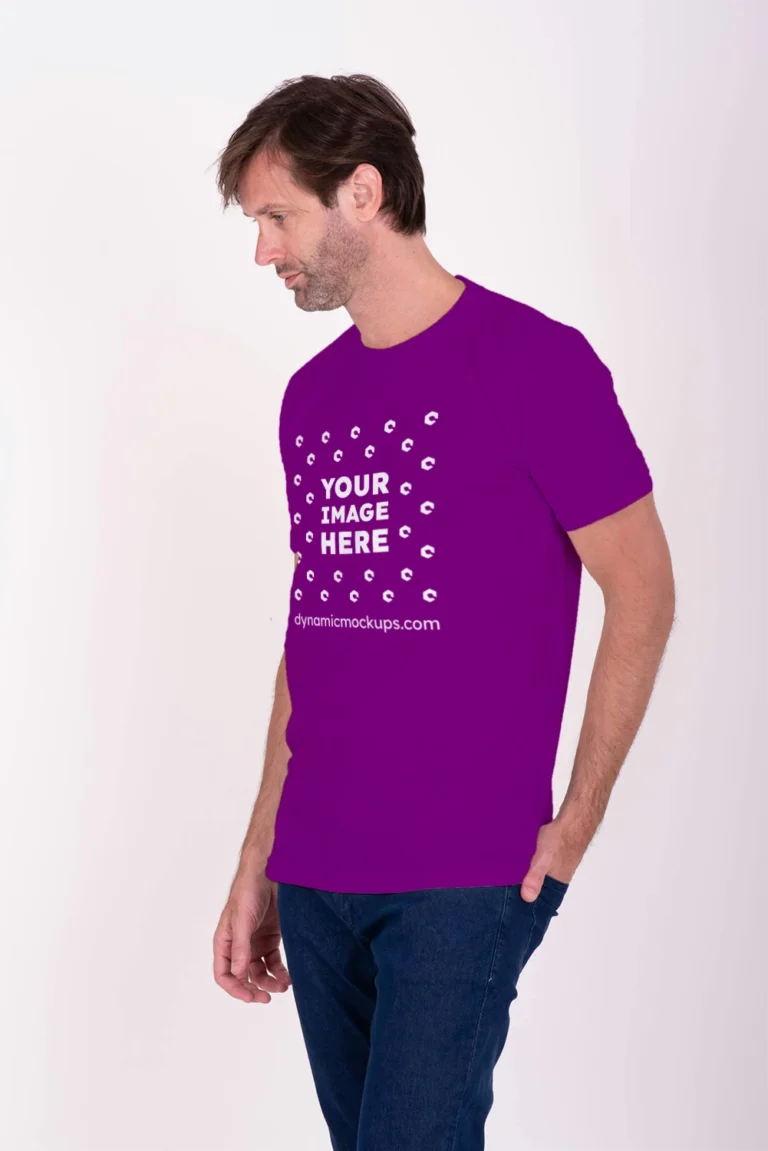 Man Wearing Purple T-shirt Mockup Front View Template