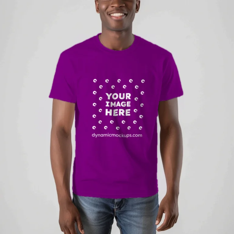 Man Wearing Purple T-shirt Mockup Front View Template