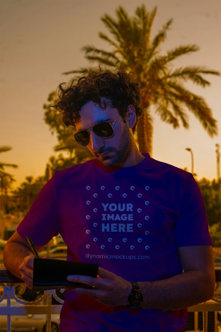 Man Wearing Purple T-shirt Mockup Front View Template
