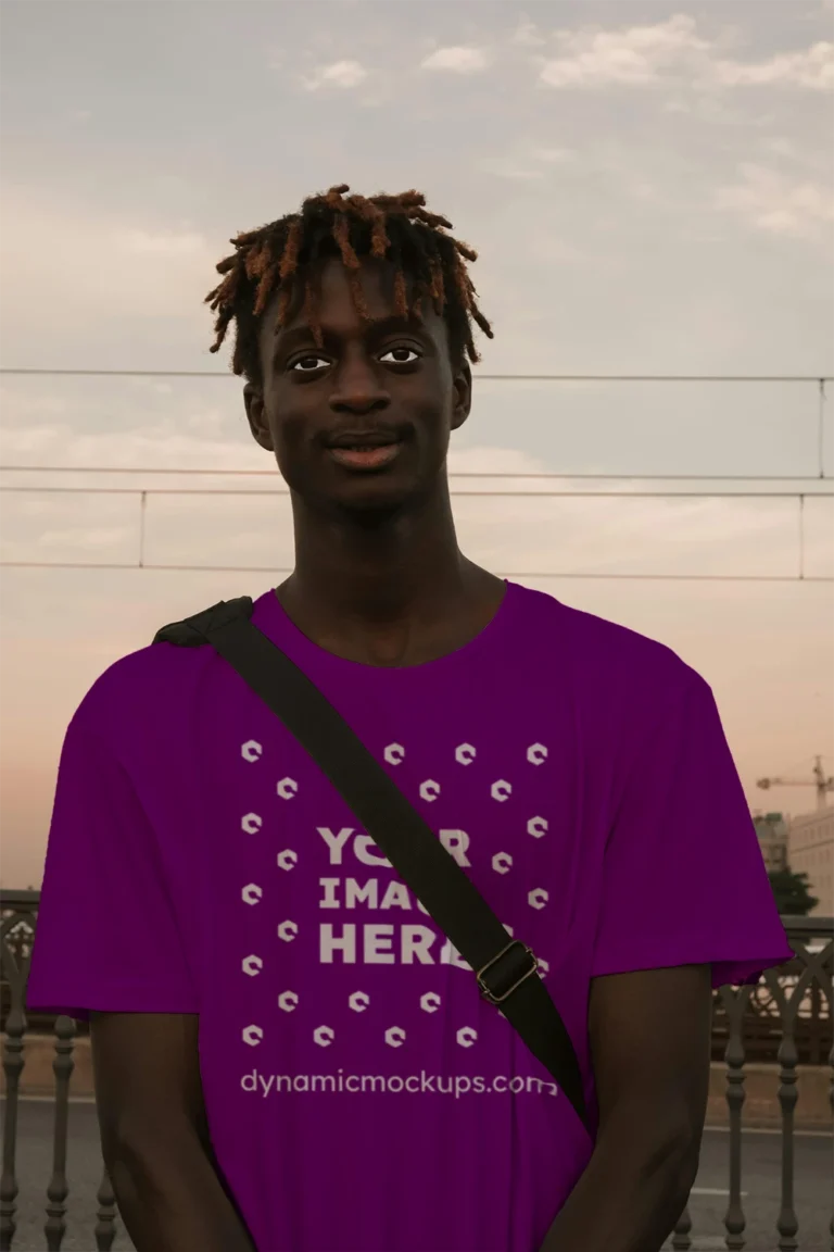 Man Wearing Purple T-shirt Mockup Front View Template