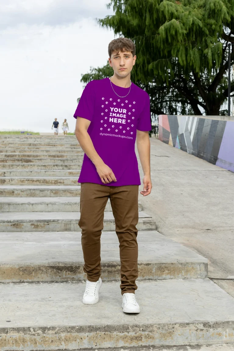 Man Wearing Purple T-shirt Mockup Front View Template