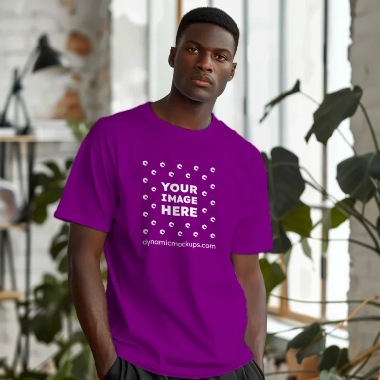 Man Wearing Purple T-shirt Mockup Front View Template