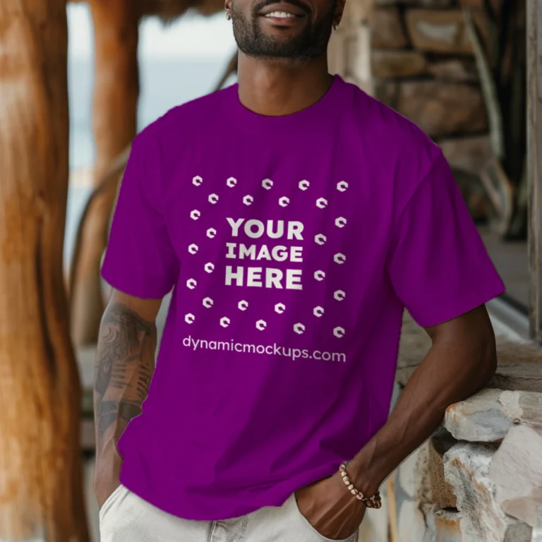 Man Wearing Purple T-shirt Mockup Front View Template