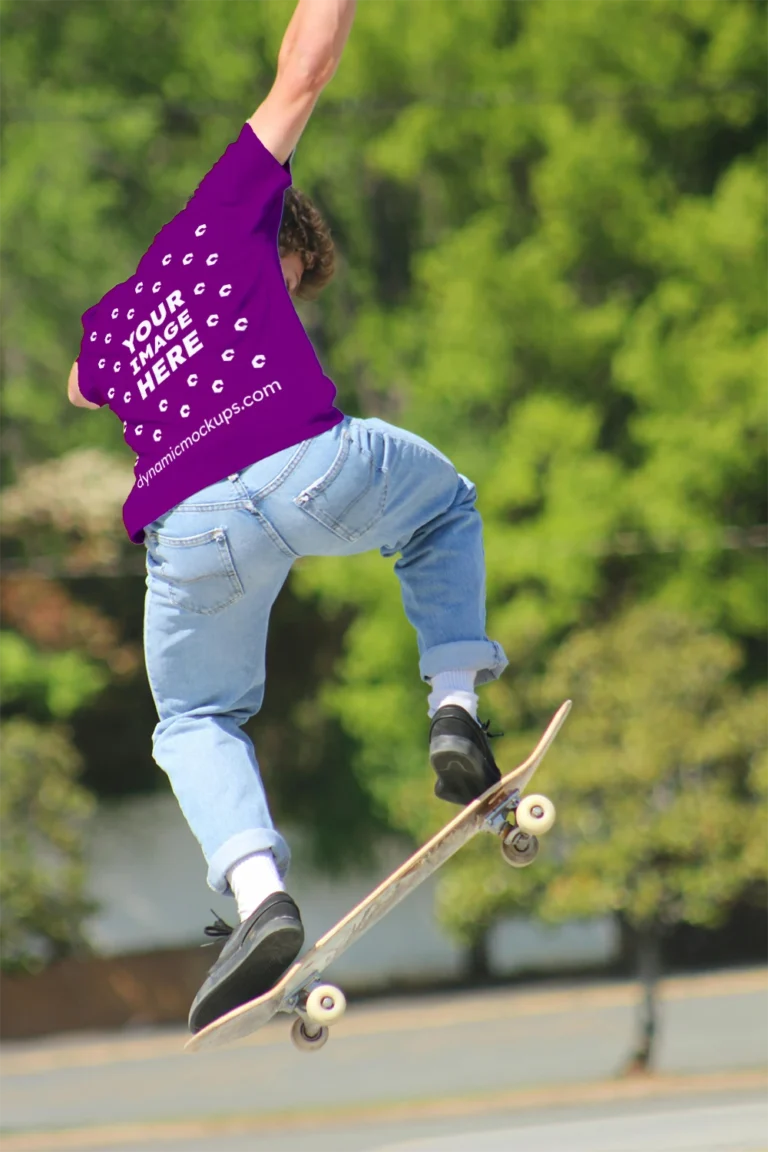 Man Wearing Purple T-shirt Mockup Back View Template