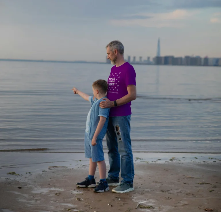 Man Wearing Purple T-shirt Mockup Front View Template