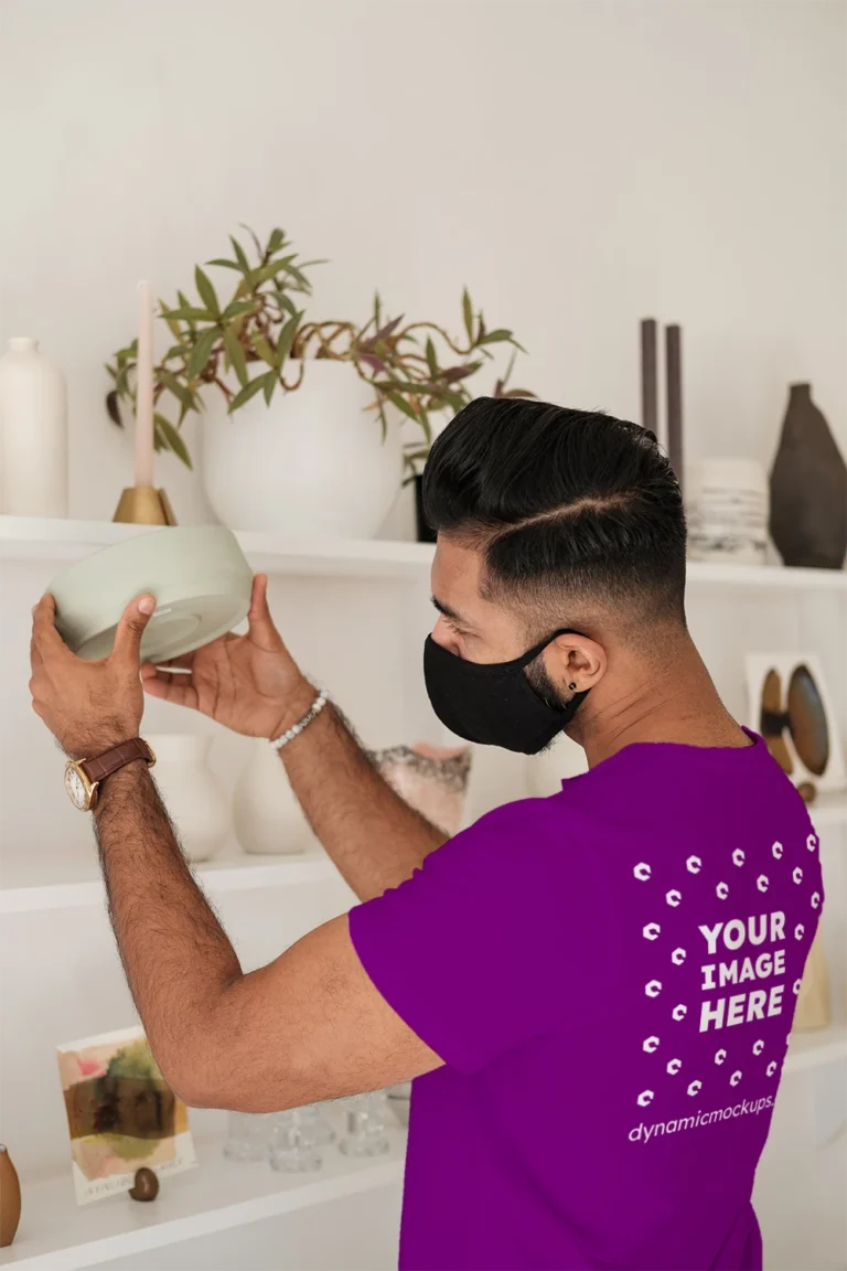 Man Wearing Purple T-shirt Mockup Back View Template