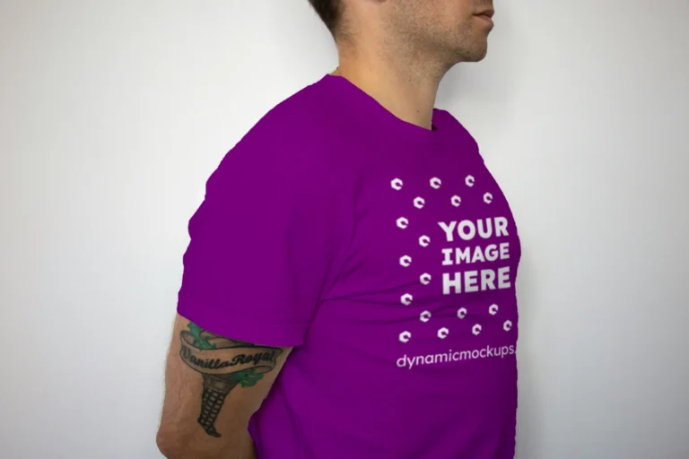 Man Wearing Purple T-shirt Mockup Front View Template