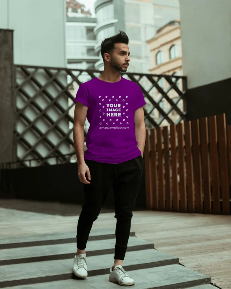 Man Wearing Purple T-shirt Mockup Front View Template