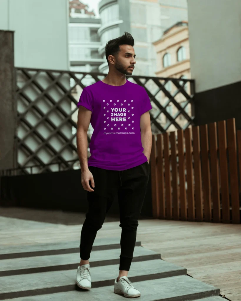 Man Wearing Purple T-shirt Mockup Front View Template