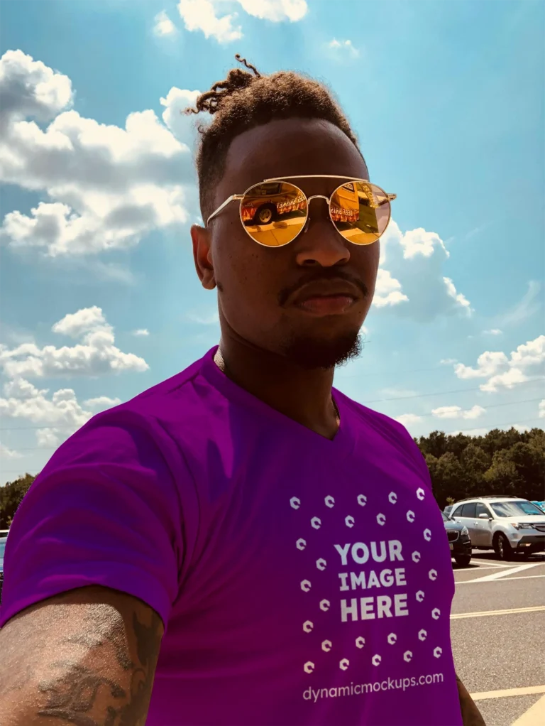 Man Wearing Purple T-shirt Mockup Front View Template