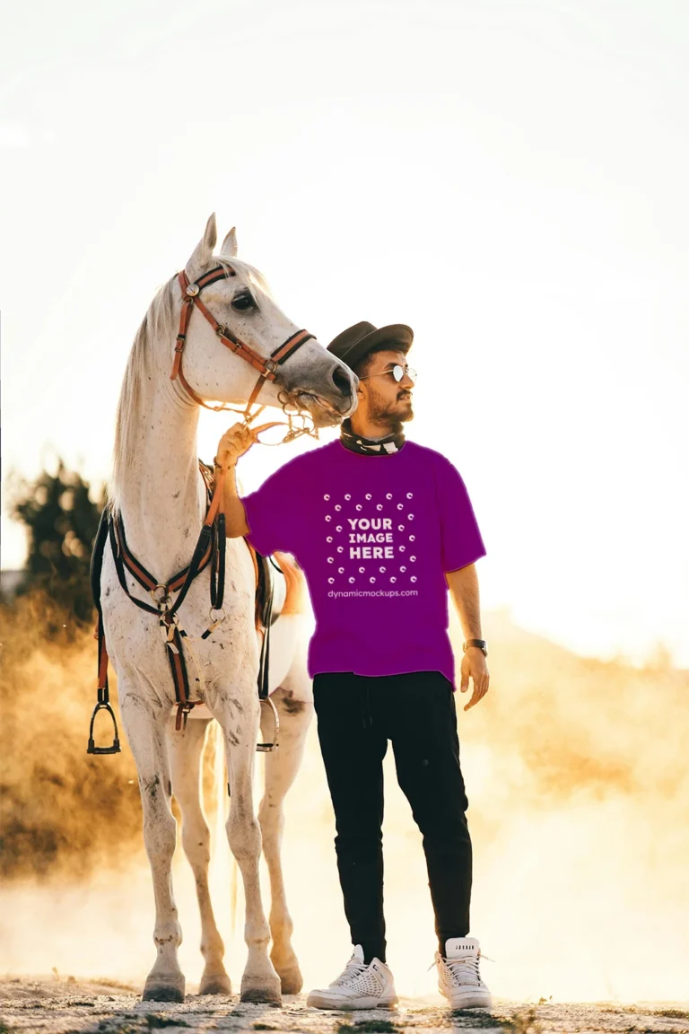 Man Wearing Purple T-shirt Mockup Front View Template