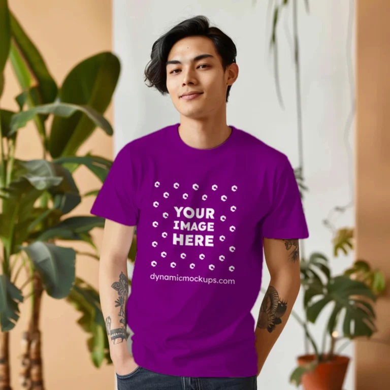 Man Wearing Purple T-shirt Mockup Front View Template