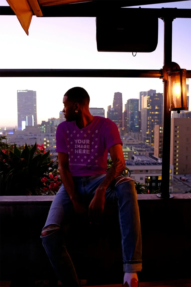 Man Wearing Purple T-shirt Mockup Front View Template