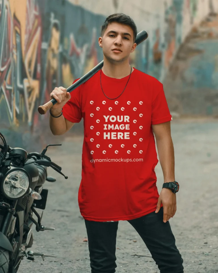 Man Wearing Red T-shirt Mockup Front View Template