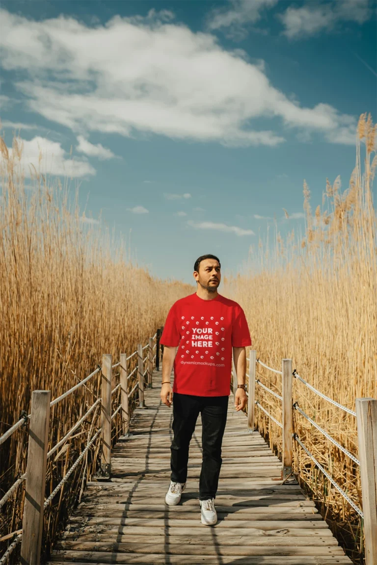 Man Wearing Red T-shirt Mockup Front View Template