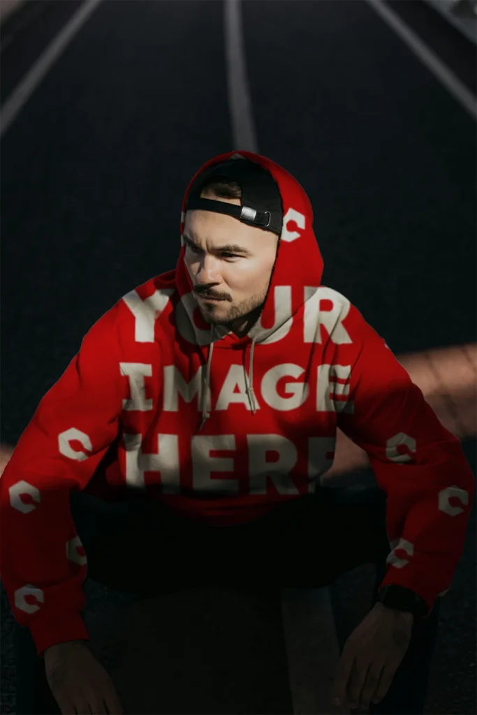Man Wearing Red Hoodie Mockup Front View Template