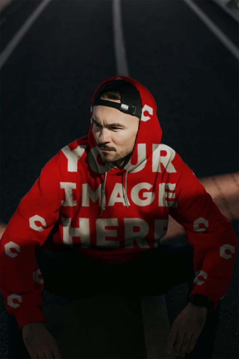 Man Wearing Red Hoodie Mockup Front View Template