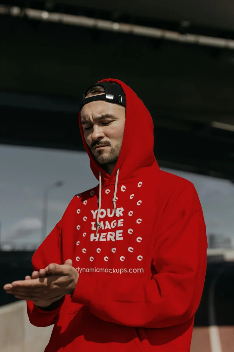 Man Wearing Red Hoodie Mockup Front View Template