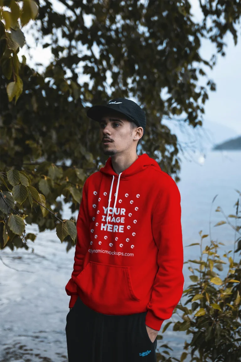 Man Wearing Red Hoodie Mockup Front View Template