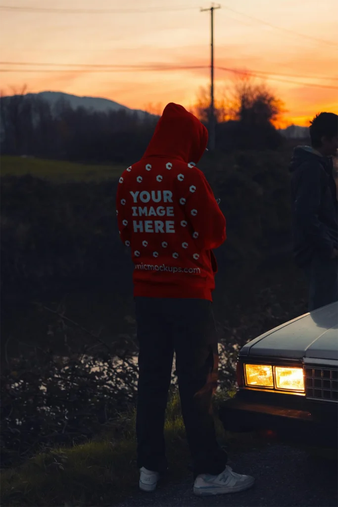 Man Wearing Red Hoodie Mockup Back View Template