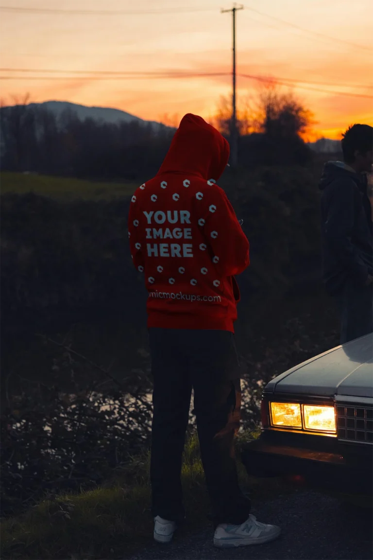 Man Wearing Red Hoodie Mockup Back View Template